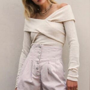 Free People Marley Top Off Shoulder Waffle Knit Oatmeal Cream Large